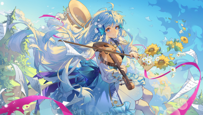 1girl, absurdres, alternate_hairstyle, blue_dress, blue_eyes, blue_hair, blue_sky, braid