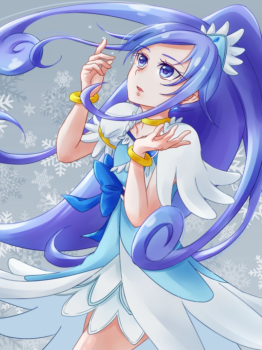 1girl, blue_bow, blue_dress, blue_eyes, blue_hair, bow, bracelet, breasts, brooch, choker, collarbone, cowboy_shot, crystal_earrings, cure_diamond, dokidoki!_precure, dress, earrings, grey_background, hair_ornament, heart, heart_brooch, high_ponytail, highres, hishikawa_rikka, jewelry, lips, long_hair, magical_girl, ponytail, precure, small_breasts, snowflake_background, solo, sp_rikichi09, waist_bow, wide_ponytail, yellow_choker