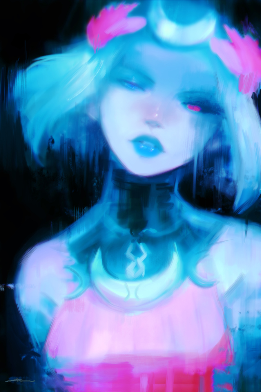 1girl, alex_chow, black_background, black_sclera, blue_theme, colored_sclera, commentary, crescent