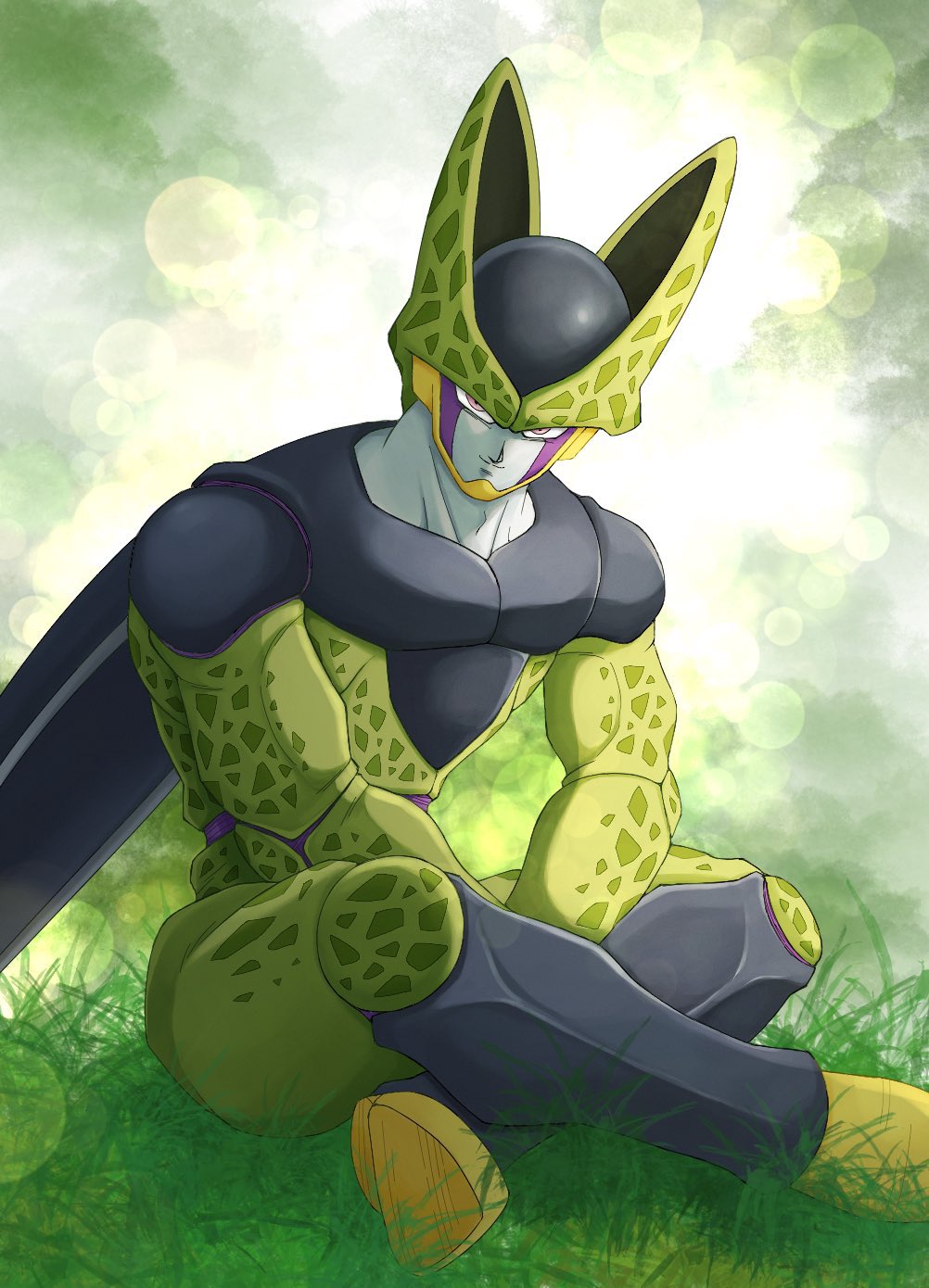 1boy, blurry, bokeh, cell_(dragon_ball), commentary_request, depth_of_field, dragon_ball, dragon_ball_z