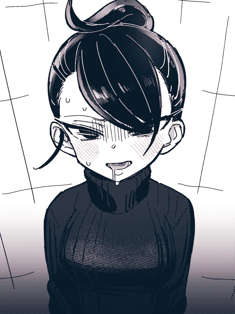 1girl, breasts, drooling, eisu_(eith), eyelashes, greyscale, hair_between_eyes, hair_ornament