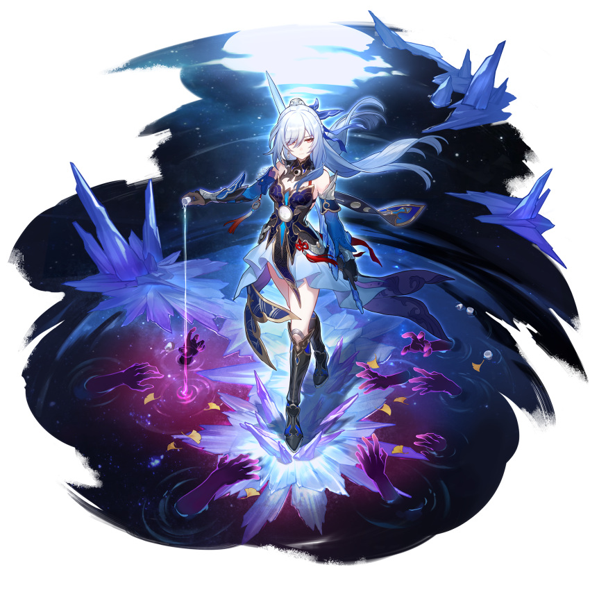 1girl, afloat_leaves, black_footwear, black_gloves, blue_dress, blue_sleeves, boots, bridal_gauntlets