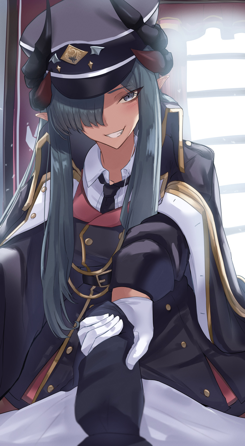 1boy, 1girl, absurdres, belt, black_horns, blue_archive, coat, coat_on_shoulders