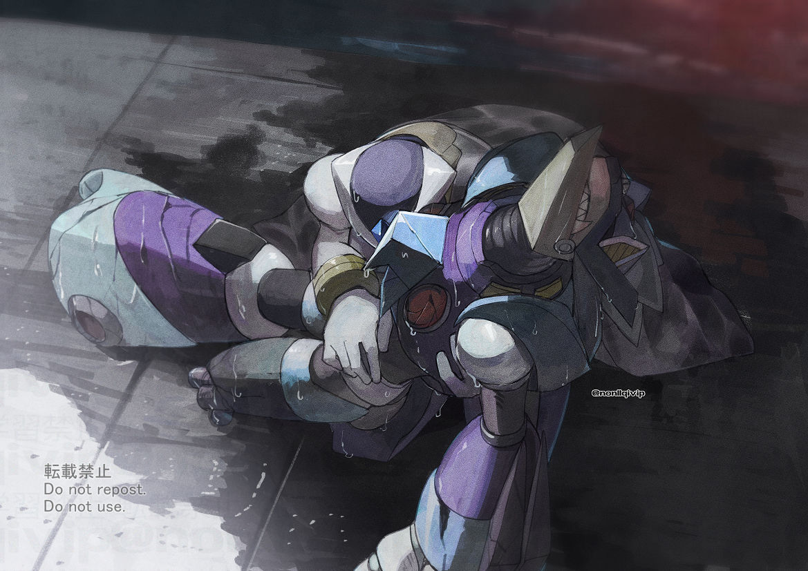 2boys, amputee, battle_damage, blizzard_wolfang_(mega_man), closed_eyes, coat, forehead_jewel, gate_(mega_man), helmet, hug, humanoid_robot, lab_coat, mega_man_(series), mega_man_x6, mega_man_x_(series), multiple_boys, non-humanoid_robot, purple_helmet, robot, robot_animal, sharp_teeth, teeth, twitter_username, white_coat, yamanashi_taiki