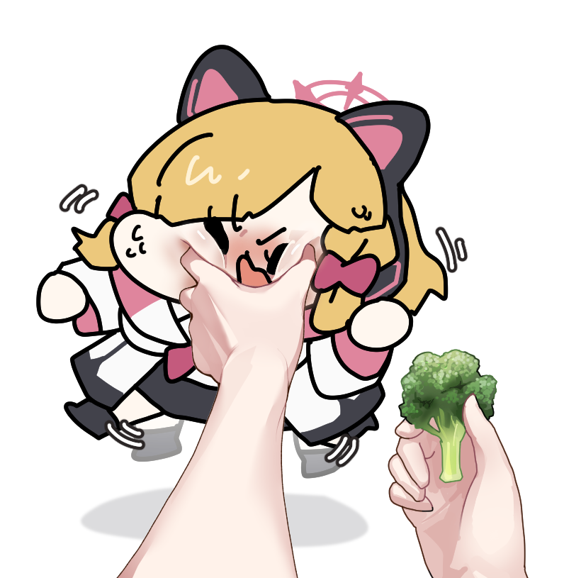 animal_ear_headphones, animal_ears, blonde_hair, blue_archive, bow, broccoli, cat_ear_headphones, chibi