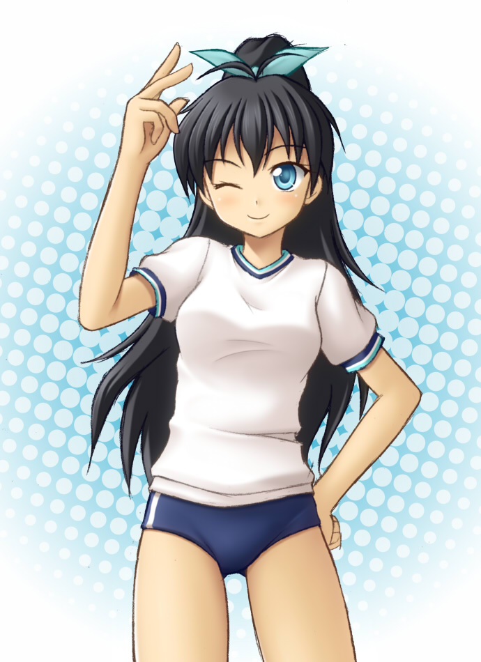 blue_eyes, buruma, ganaha_hibiki, gym_uniform, idolmaster, long_hair, ponytail, utomo, wink