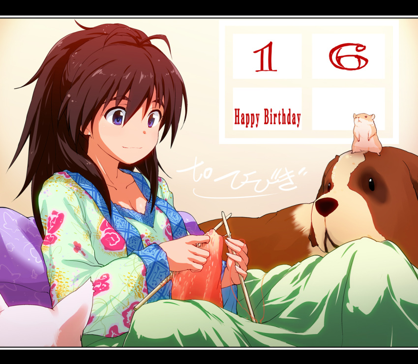 animal, black_hair, blue_eyes, dog, ganaha_hibiki, hamster, hamuzou, happy_birthday