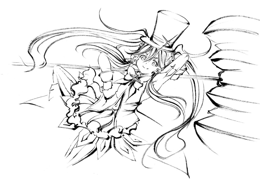 1girl, dress, gloves, greyscale, hat, highres, holding, holding_mallet, holding_weapon, long_hair, magia_record:_mahou_shoujo_madoka_magica_gaiden, magical_girl, mahou_shoujo_madoka_magica, mallet, mariko_ayaka, monochrome, sketch, smile, soul_gem, star_(symbol), top_hat, twintails, weapon, zenith_bldmntnc