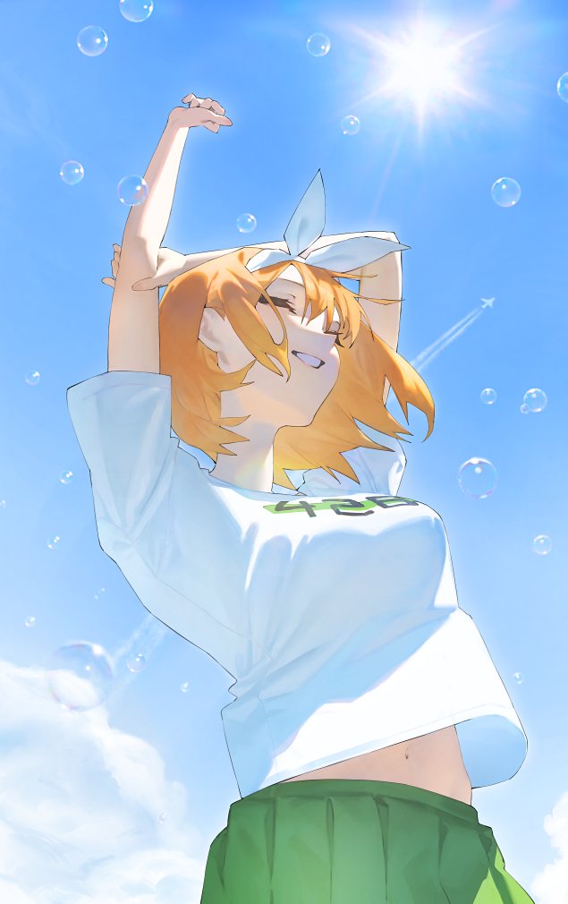 1girl, arms_up, blue_sky, breasts, closed_eyes, commentary, floating_hair, four-leaf_clover_day