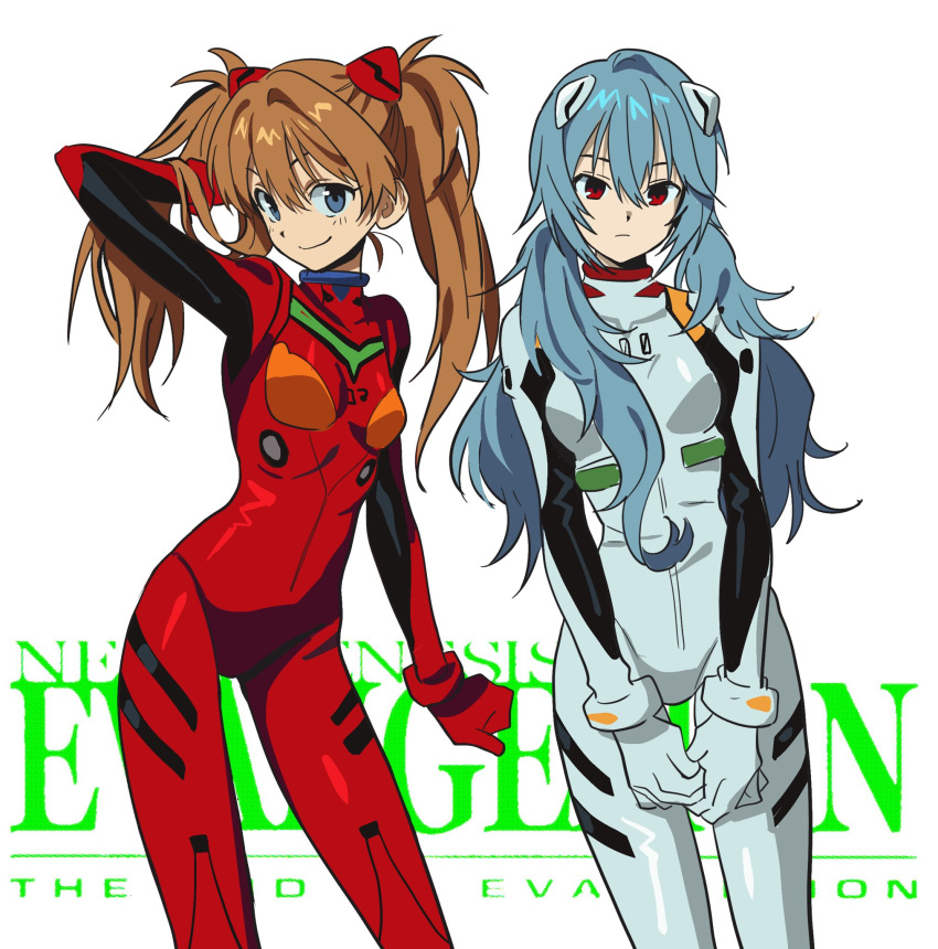 2girls, ayanami_rei, betti_(xx_betti), blue_eyes, bodysuit, bracer, highres, multicolored_bodysuit