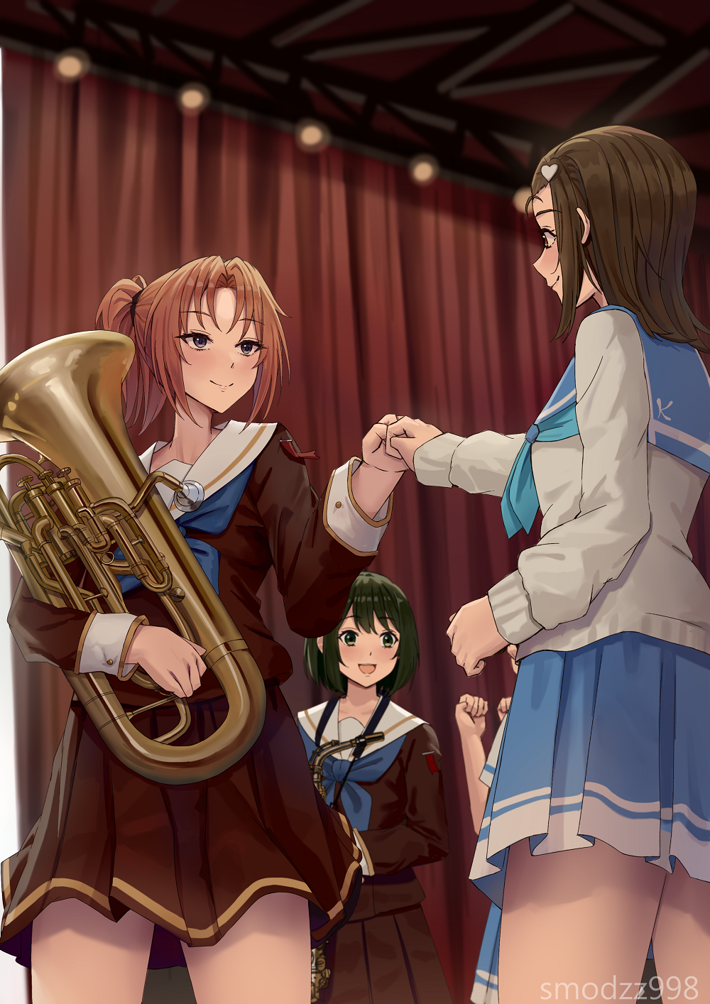 4girls, blue_neckerchief, blue_sailor_collar, blue_skirt, brown_hair, brown_shirt, brown_skirt, english_commentary