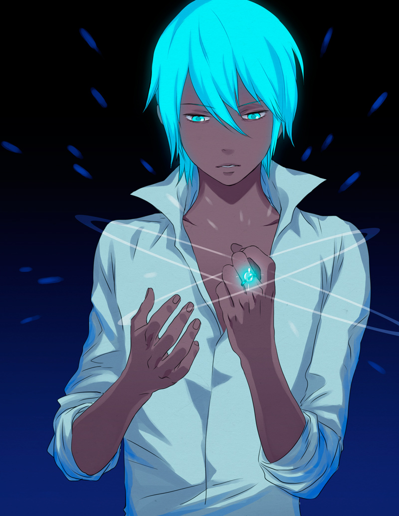 1boy, aqua_eyes, aqua_hair, blue_eyes, blue_hair, damon_(gelines), dark_skin, glowing, glowing_eyes, jewelry, male, original, popped_collar, rem_(artist), ring, solo, tsulala