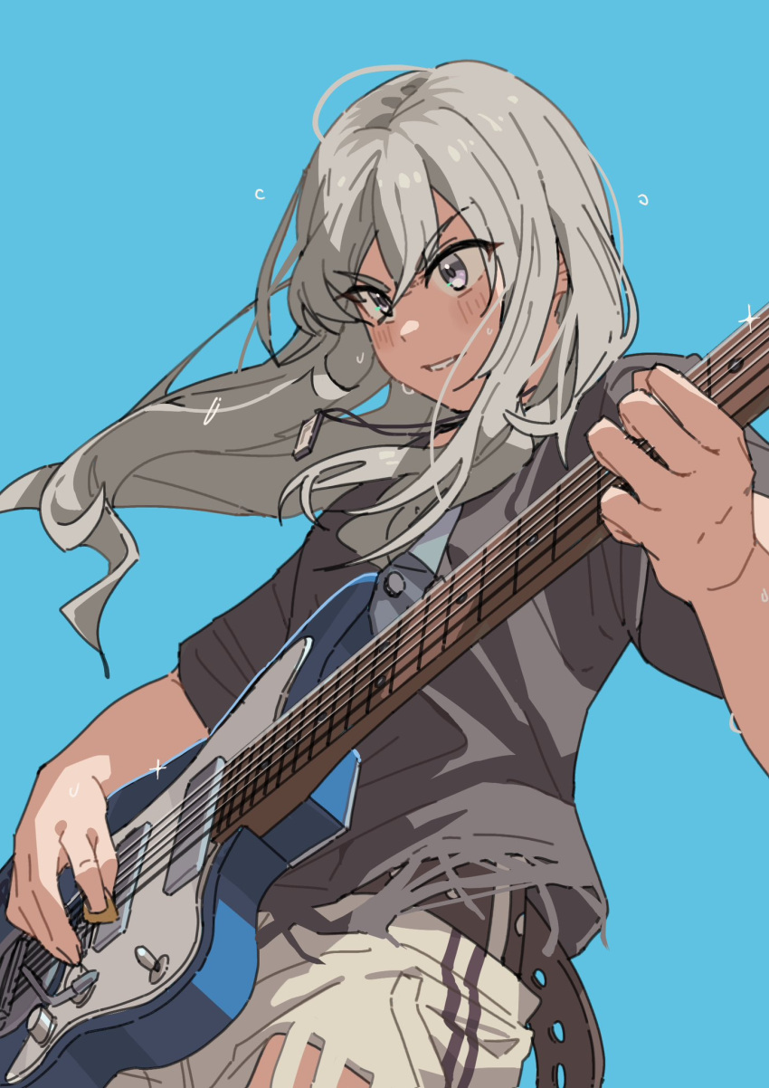 1girl, belt, blue_background, electric_guitar, fender_jazzmaster, floating_hair, from_below, geng99161, girls_band_cry, grey_eyes, grey_hair, guitar, highres, holding, holding_plectrum, instrument, jewelry, kawaragi_momoka, long_hair, music, pendant, playing_guitar, playing_instrument, plectrum, shirt, sweat, t-shirt