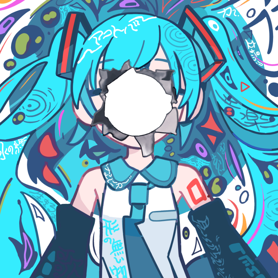 1girl, abstract, akotoba_(vocaloid), arms_at_sides, bare_shoulders, black_sleeves, blue_background, blue_hair
