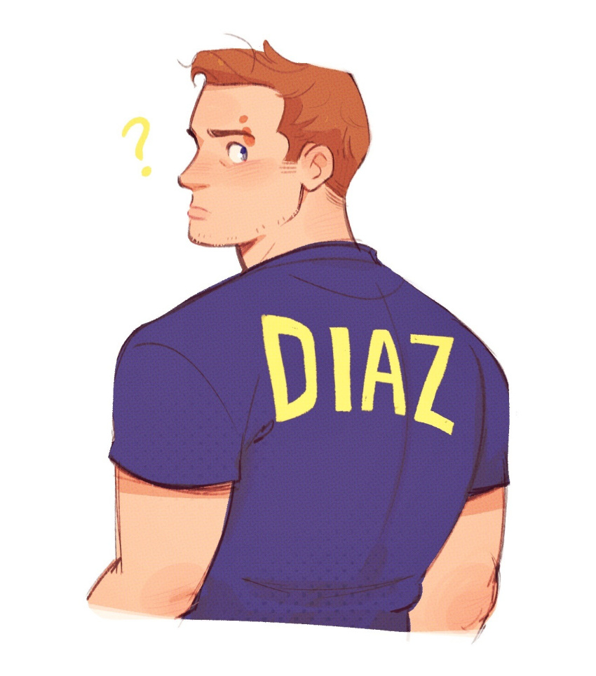 1boy, 911_(tv_series), ?, back, back_focus, beard_stubble, blue_shirt, borrowed_clothes