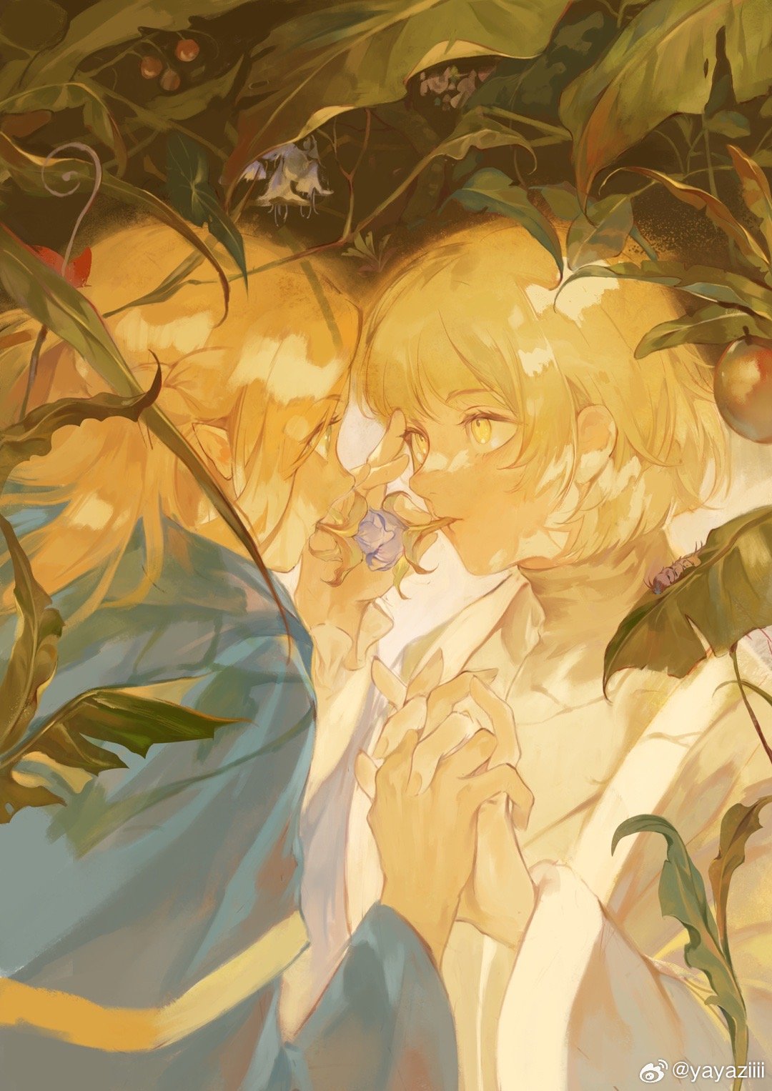 2girls, blonde_hair, blue_capelet, blue_flower, blue_robe, capelet, cherry, closed_eyes