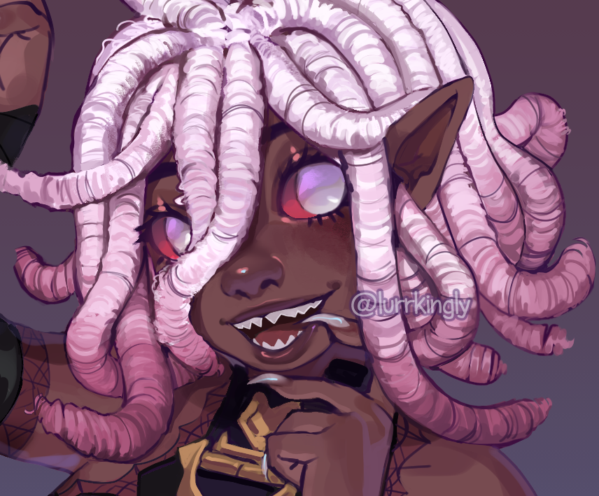 1girl, artist_name, colored_sclera, colored_skin, colored_tips, commentary, dark-skinned_female, dark_skin, demon_girl, english_commentary, fangs, fingernails, flurrty, grey_eyes, league_of_legends, long_hair, looking_at_viewer, monster_girl, multicolored_hair, no_pupils, open_mouth, pink_hair, pointy_ears, red_sclera, sharp_teeth, simple_background, smile, solo, teeth, two-tone_hair, upper_body, white_hair