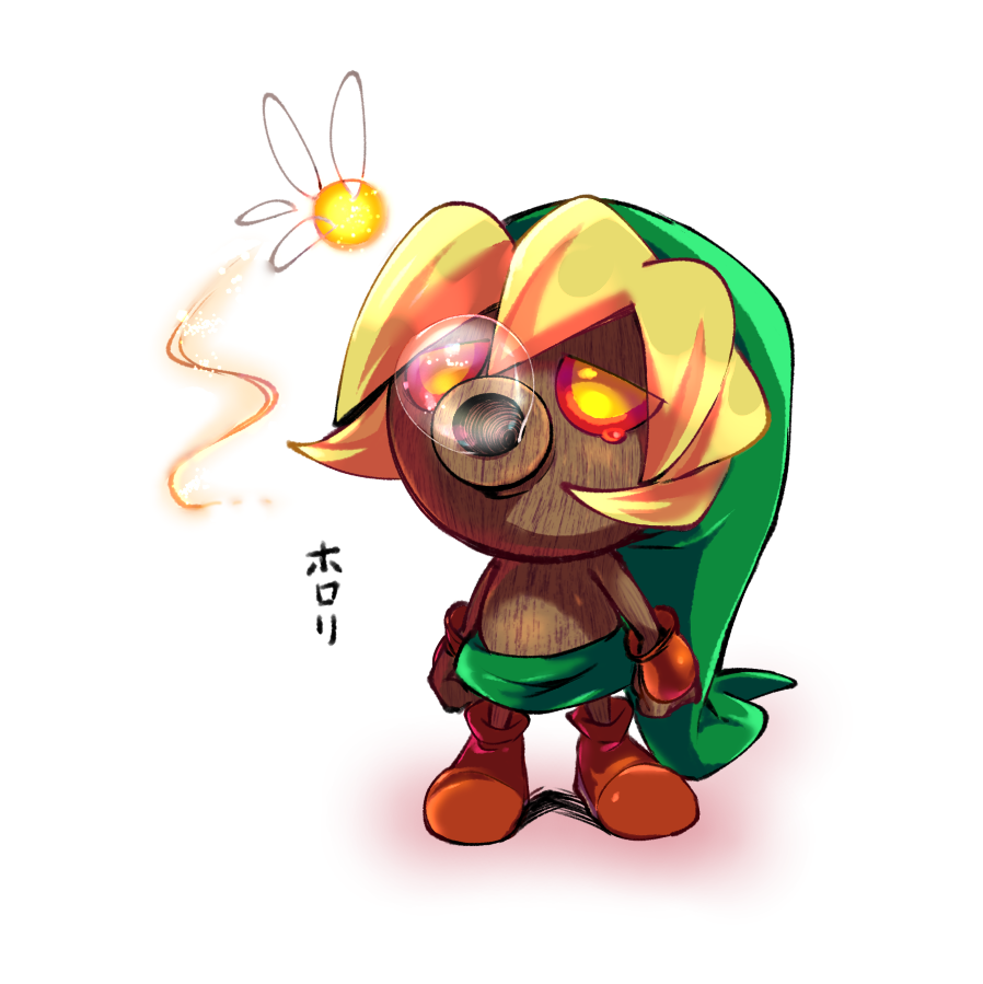 1boy, 1girl, 774_no_76, blonde_hair, brown_footwear, bubble, deli, fairy, fingerless_gloves, gloves, green_skirt, link, phrygian_cap, skirt, tatl, the_legend_of_zelda, the_legend_of_zelda:_majora's_mask, white_background, young_link