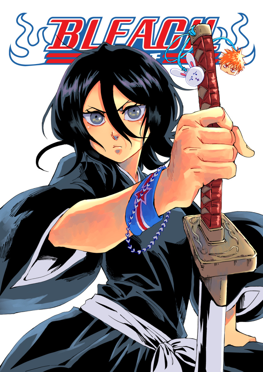 1girl, arm_at_side, black_hair, black_kimono, bleach, chappy, character_print, closed_mouth
