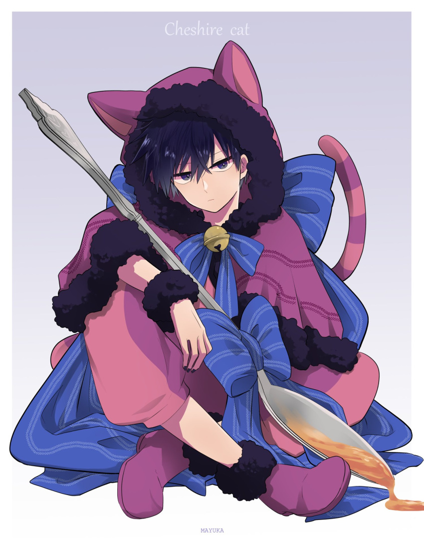 1boy, animal_ears, animal_hood, bell, black_eyes, black_hair, blue_ribbon, closed_mouth