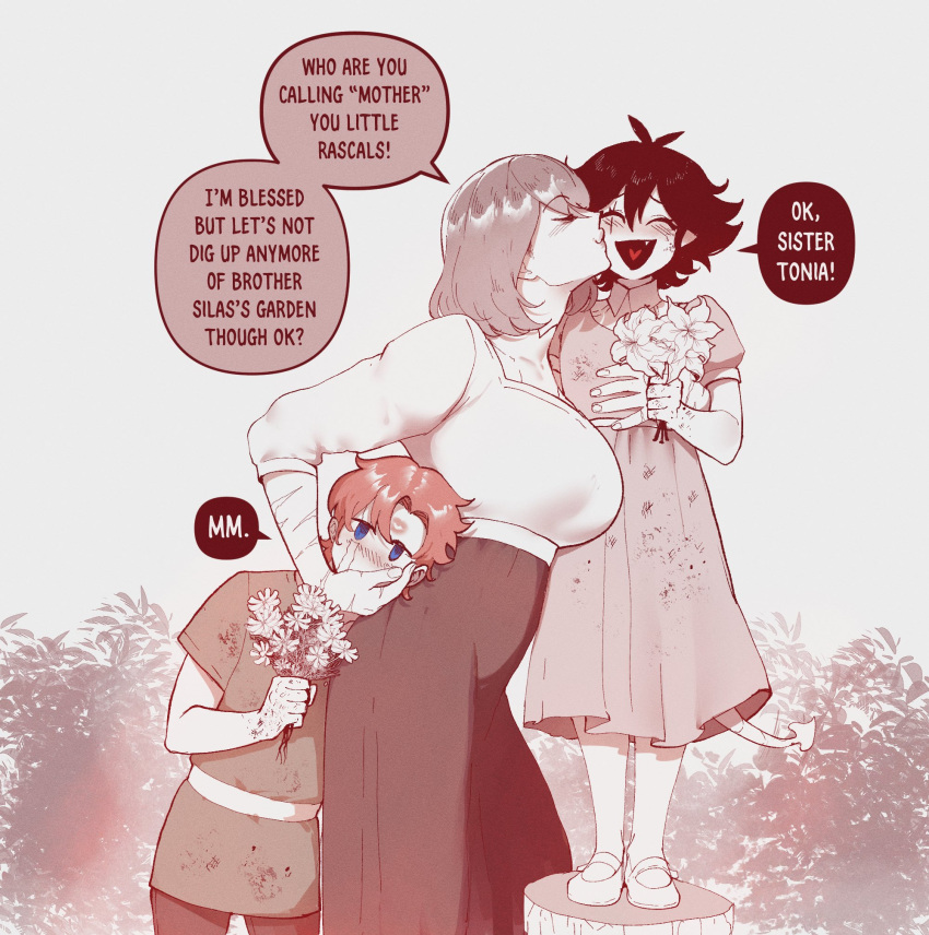 1boy, 2girls, ^_^, aged_down, bloodlight_(nyantcha), blue_eyes, child, closed_eyes, commentary, dirty, dirty_clothes, english_commentary, english_text, fang, flower, highres, holding, holding_flower, jitome, juliet_sleeves, kiss, kissing_cheek, lipstick_mark, long_sleeves, mary_janes, mature_female, mikhail_(nyantcha), mother's_day, mother_and_daughter, multiple_girls, nyantcha, pointy_ears, profile, puffy_sleeves, scar, scar_across_eye, scar_on_arm, shoes, short_hair, short_sleeves, sister_almonde_(nyantcha), speech_bubble, spot_color, tail, tonia_(nyantcha), tree_stump