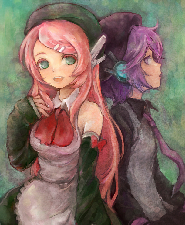2girls, apron, arm_up, arms_at_sides, beret, black_hat, black_sleeves, breasts