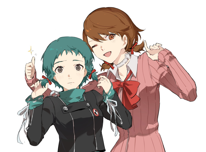19_0v0, 2girls, alternate_hairstyle, aqua_hair, aqua_sweater, black_jacket, bow, bowtie, brown_eyes, brown_hair, cardigan, choker, closed_mouth, collarbone, collared_shirt, gekkoukan_high_school_uniform, grey_eyes, hair_between_eyes, hair_ribbon, hands_up, hashtag-only_commentary, heart, heart_choker, highres, jacket, leaning_to_the_side, light_blush, long_sleeves, looking_at_viewer, loose_bowtie, low_twintails, multiple_girls, one_eye_closed, open_mouth, persona, persona_3, persona_3_reload, pink_cardigan, red_bow, red_bowtie, red_ribbon, ribbed_cardigan, ribbon, school_uniform, shirt, short_hair, simple_background, smile, sparkle, sweater, takeba_yukari, thumbs_up, twintails, upper_body, white_background, white_choker, white_shirt, yamagishi_fuuka