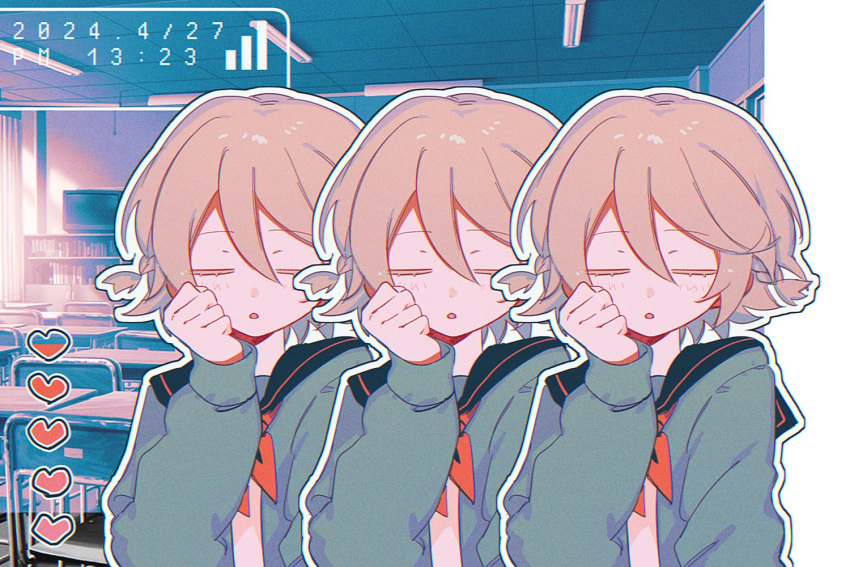 1girl, alternate_costume, black_sailor_collar, bookshelf, braid, brown_hair, cardigan, chestnut_mouth