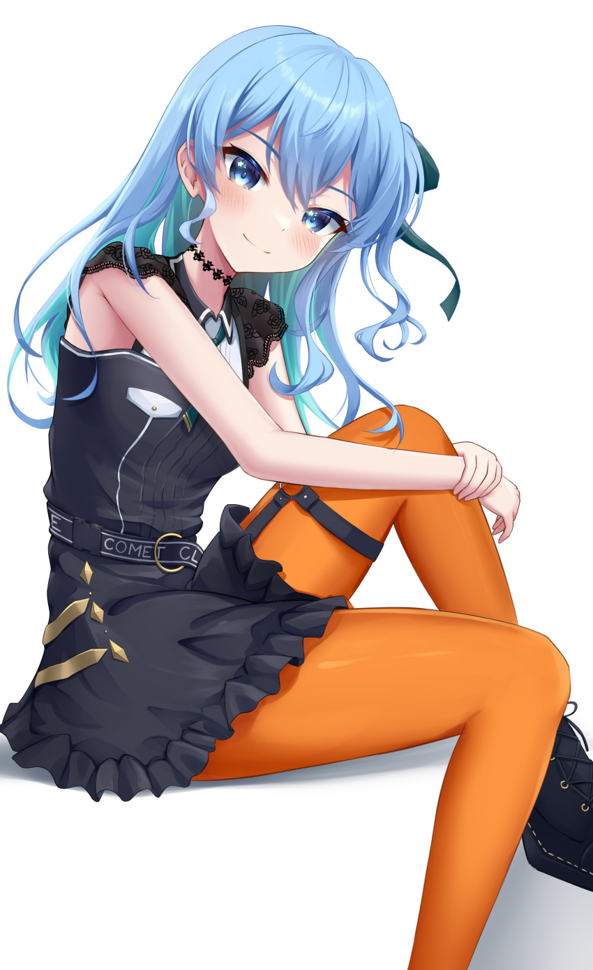 1girl, absurdres, belt, black_belt, black_dress, black_footwear, blue_eyes, blue_hair, blush, dress, feet_out_of_frame, highres, hololive, hoshimachi_suisei, hoshimachi_suisei_(streetwear), knee_up, legs, long_hair, o-ring, o-ring_thigh_strap, official_alternate_costume, orange_pantyhose, pantyhose, panzer87631631, shoes, smile, solo, star_(symbol), star_in_eye, symbol_in_eye, thigh_strap, virtual_youtuber, white_background