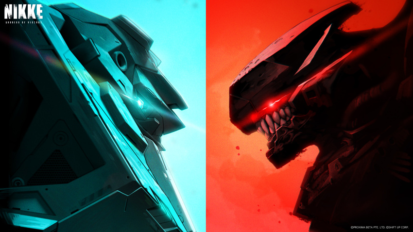 absurdres, blue_eyes, chatterbox_(nikke), goddess_of_victory:_nikke, highres, looking_at_another, mecha, official_art