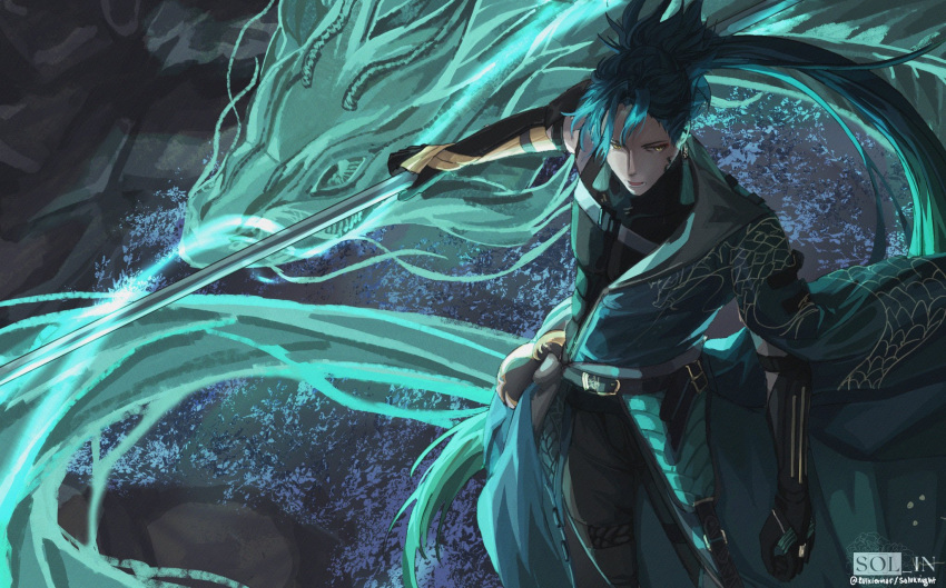 1boy, artist_logo, black_gloves, black_pants, black_shirt, cowboy_shot, dragon, earrings, from_above, gloves, green_hair, green_robe, green_scales, green_tassel, high_ponytail, highres, holding, holding_polearm, holding_weapon, jewelry, jiyan_(wuthering_waves), looking_to_the_side, male_focus, open_mouth, pangu_terminal_(wuthering_waves), pants, polearm, robe, robe_partially_removed, rulxierinor, shirt, signature, solo, spiky_hair, standing, tassel, tassel_earrings, toned, toned_male, twitter_username, weapon, wuthering_waves, yellow_eyes