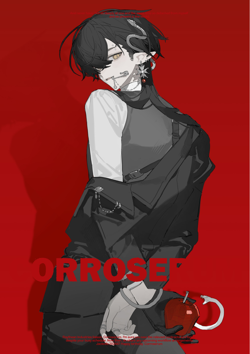1boy, absurdres, arknights, black_hair, black_jacket, black_pants, black_vest, blending