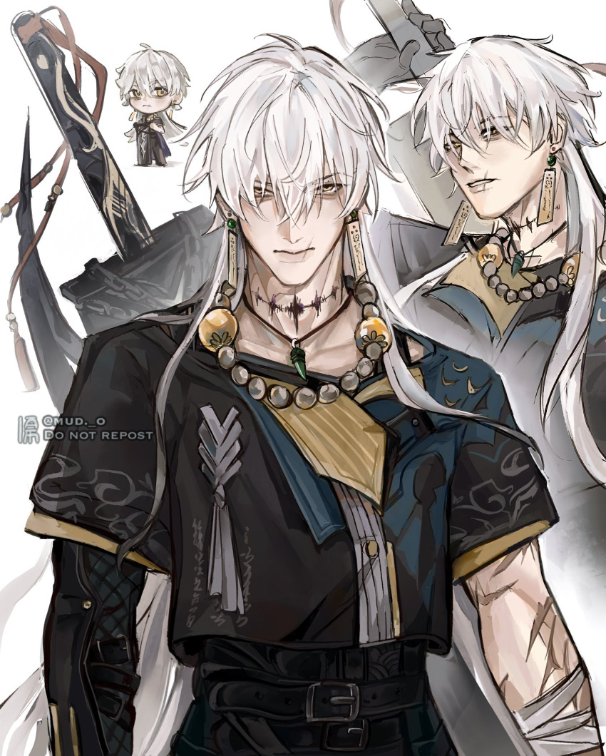 1boy, aiira_(mud_o), asymmetrical_sleeves, bandaged_arm, bandages, belt, black_belt, black_shirt