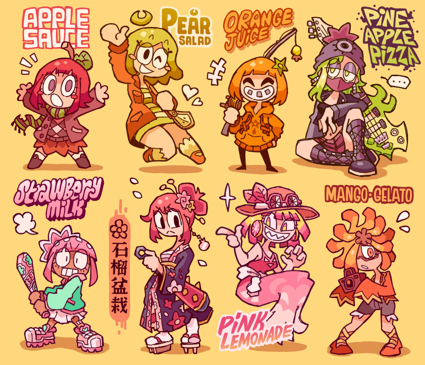 6+girls, absurdres, applesauce_(josh-s26), arm_up, arms_up, baseball_bat, black_eyes, black_footwear, boots, camera, closed_eyes, coat, dark-skinned_female, dark_skin, dress, eyewear_on_headwear, fishing_rod, gradient_hair, green_eyes, green_hair, grey_jacket, guitar, hair_over_one_eye, hat, heart, highres, holding, holding_baseball_bat, holding_camera, holding_fishing_rod, hood, hoodie, instrument, jacket, japanese_clothes, josh-s26, kimono, knee_up, leaf, leaf_on_head, mango_gelato_(josh-s26), mask, midriff, mouth_mask, multicolored_hair, multiple_girls, navel, no_nose, one_eye_closed, orange_coat, orange_eyes, orange_hair, orange_hoodie, orange_juice_(josh-s26), original, parted_lips, pear_salad_(josh-s26), pineapple_pizza_(josh-s26), pink_dress, pink_footwear, pink_hair, pink_hat, pink_lemonade_(josh-s26), plaid, plaid_skirt, pomegranate_bonsai_(josh-s26), red_skirt, redhead, shadow, sitting, skirt, sleeveless, sleeveless_dress, smile, spiked_bat, standing, strawberry_milk_(josh-s26), striped_clothes, striped_dress, two-tone_hair, violet_eyes
