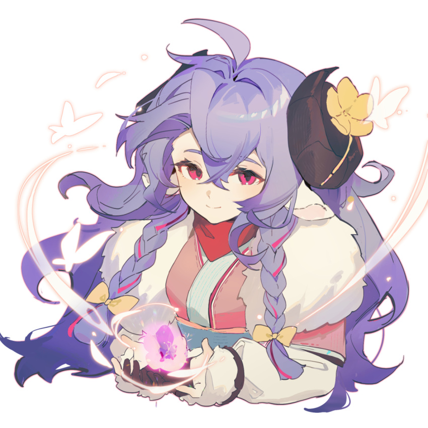 1girl, ahoge, arin_(fanfan013), blunt_ends, bow, braid, bug, butterfly, check_copyright, closed_mouth, commentary, copyright_request, eyelashes, flower, fur_cuffs, fur_shawl, glowing, goat_horns, hair_between_eyes, hair_bow, hair_intakes, holding, holding_flower, horizontal_pupils, horn_flower, horns, layered_sleeves, league_of_legends, light_blush, long_hair, long_sleeves, looking_at_viewer, magic, multicolored_hair, object_floating_above_hand, pink_eyes, pink_hair, pink_tunic, purple_flower, red_scarf, scarf, shawl, short_over_long_sleeves, short_sleeves, simple_background, smile, solo, streaked_hair, symbol-only_commentary, twin_braids, very_long_hair, white_background, white_shawl, white_sleeves, white_wrist_cuffs, wrist_cuffs, yellow_bow, yellow_flower