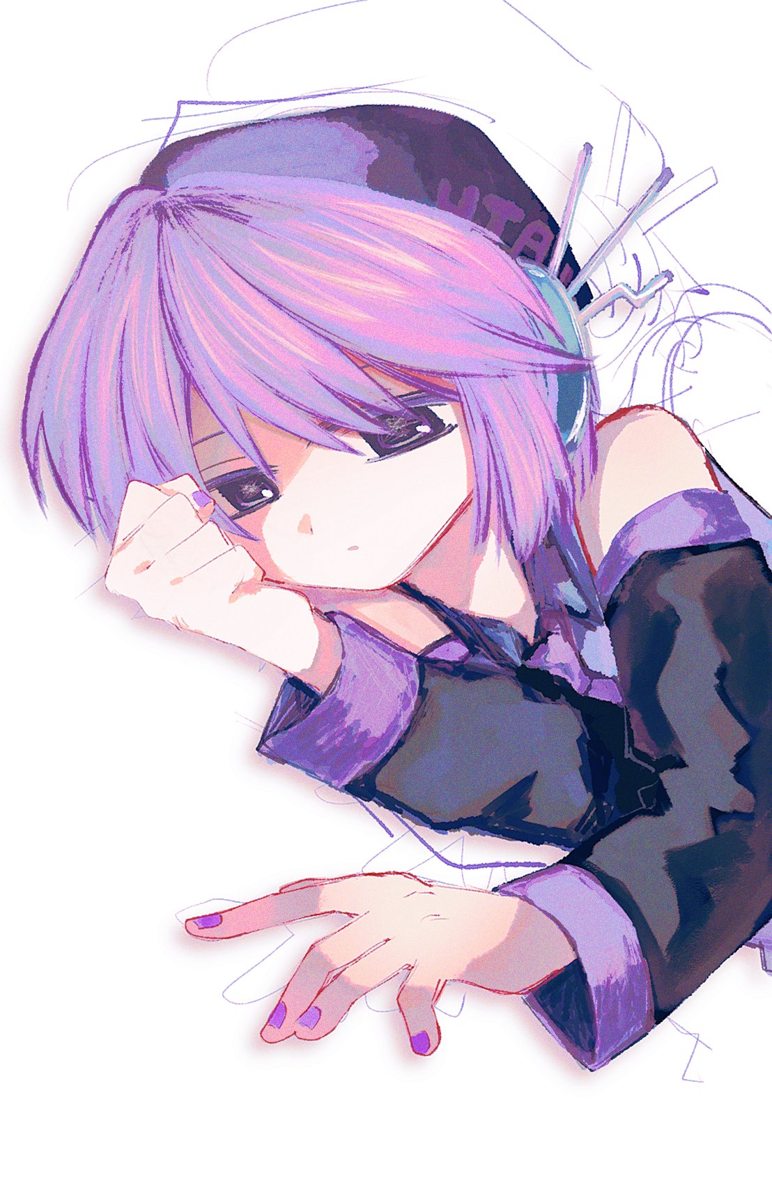 1girl, \||/, bare_shoulders, beret, black_hat, black_shirt, black_sleeves, clenched_hand