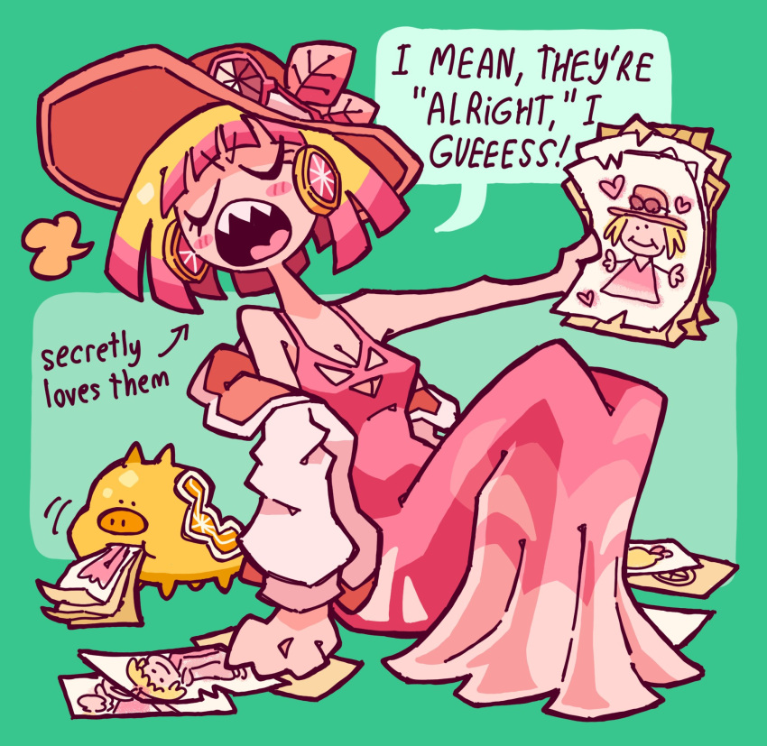 1girl, blonde_hair, breasts, closed_eyes, drawing_(object), dress, earrings, english_text, eyewear_on_headwear, full_body, hat, heart, highres, jacket, jewelry, josh-s26, knees_up, long_sleeves, medium_breasts, multicolored_hair, no_nose, open_mouth, original, paper, pink_dress, pink_hair, pink_hat, pink_lemonade_(josh-s26), short_hair, speech_bubble, white_jacket