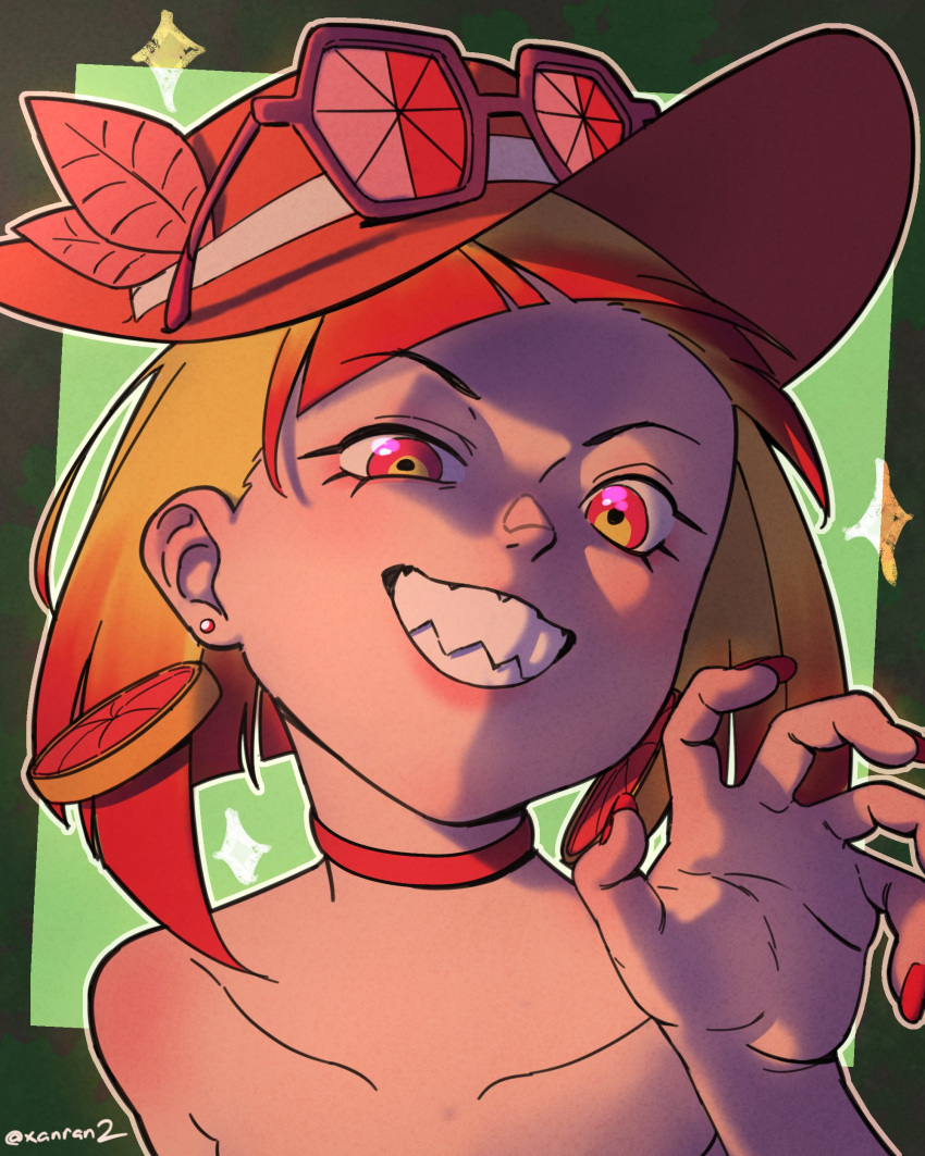 1girl, absurdres, bare_shoulders, blonde_hair, borrowed_character, choker, draw_this_in_your_style_challenge, earrings