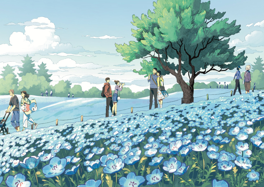3boys, 3girls, ^_^, absurdres, ankle_socks, backpack, bag, black_bag, black_pants, black_shirt, blue_shirt, blue_shorts, blue_sky, blunt_bangs, brown_hair, cellphone, closed_eyes, clouds, commentary, couple, day, denim, denim_shorts, fence, field, floral_print, flower, flower_field, gradient_sky, green_shirt, grey_socks, hair_bun, hands_in_pockets, highres, holding, holding_phone, hood, hood_down, hoodie, hug, jeans, kariya_(kry_aia), long_hair, long_sleeves, medium_skirt, multiple_boys, multiple_girls, open_mouth, original, outdoors, pants, penguin_print, people, phone, pleated_skirt, purple_shirt, red_hoodie, shirt, shoes, short_hair, short_sleeves, shorts, shoulder_bag, single_hair_bun, skirt, sky, smartphone, smile, sneakers, socks, standing, striped_clothes, striped_shirt, striped_sleeves, stroller, t-shirt, taking_picture, tote_bag, tree, v, white_bag, white_footwear, white_pants, white_skirt, white_socks, yellow_shirt