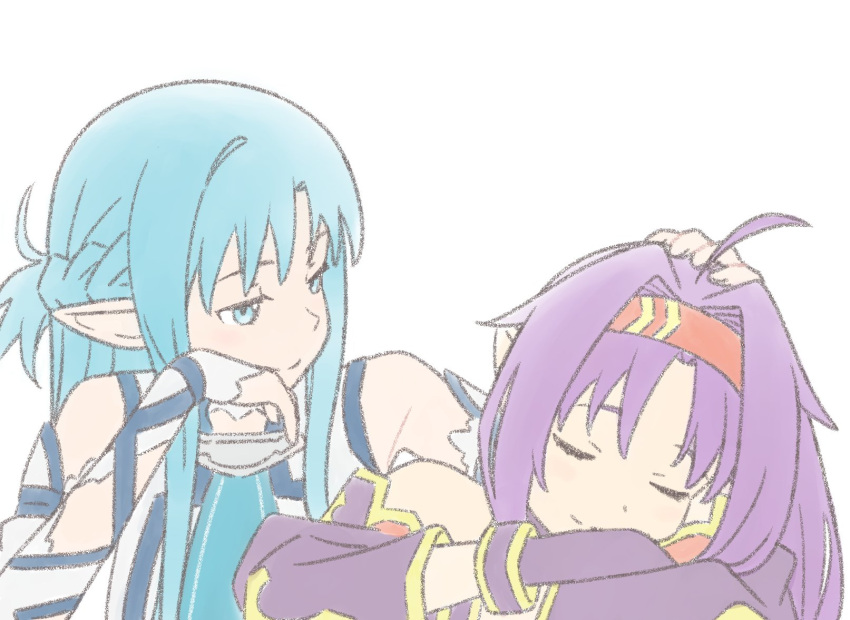 2girls, ahoge, aqua_eyes, aqua_hair, asuna_(sao), asuna_(sao-alo), bare_shoulders, closed_eyes, closed_mouth, detached_sleeves, dress, fairy_(sao), gloves, hairband, hand_on_another's_head, highres, kizu-kun, long_hair, looking_at_another, multiple_girls, pointy_ears, purple_gloves, purple_hair, red_hairband, sleeping, sword_art_online, upper_body, white_background, white_dress, yuuki_(sao)