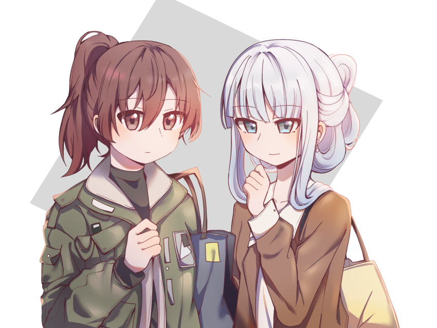 2girls, alternate_costume, alternate_hairstyle, bag, bai_yuxiu, blue_eyes, blue_hair, blunt_bangs