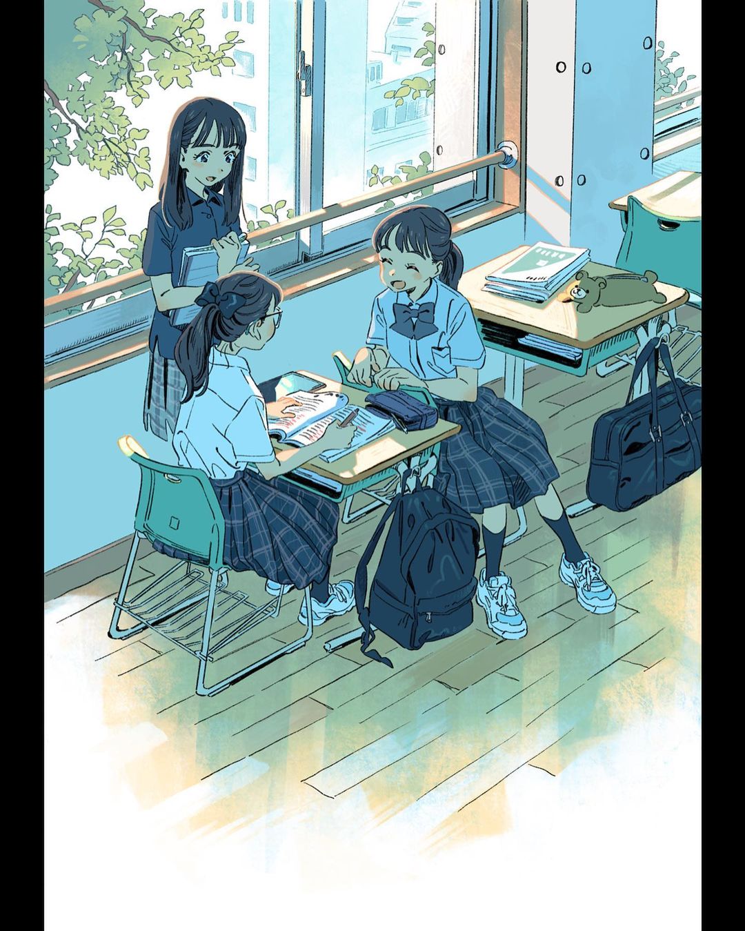 3girls, ^_^, ankle_socks, annoyed, bag, black_bag, black_hair, black_socks