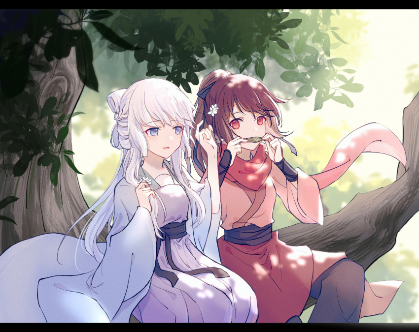 2girls, bai_yuxiu, blue_eyes, brown_hair, chinese_clothes, dress, duijin_ruqun, feng_ling'er, fengling_yuxiu, flower, flute, fuzhu_kangguowang, hair_flower, hair_ornament, hair_ribbon, hanfu, highres, instrument, jiaoling_ruqun, long_hair, multiple_girls, ponytail, red_eyes, ribbon, scarf, sitting, tree, white_hair