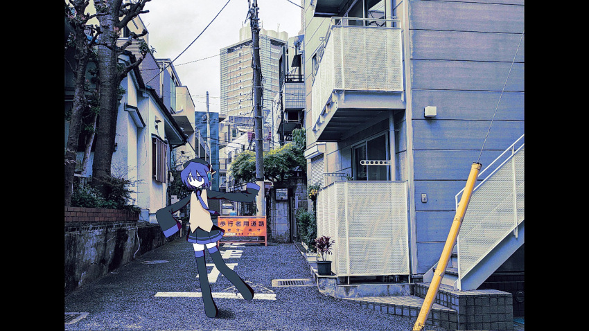 1girl, black_footwear, black_shirt, boots, brown_vest, building, city, closed_mouth