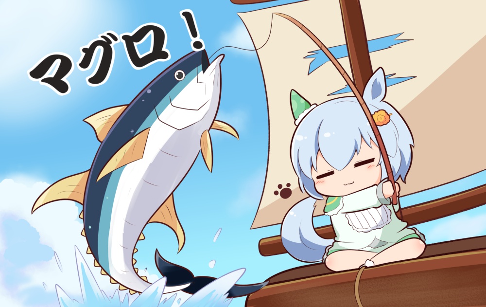1girl, :d, animal, animal_ears, blue_sky, blush_stickers, chibi, closed_eyes
