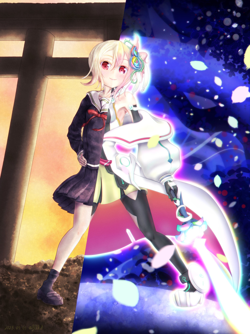 1girl, absurdres, asymmetrical_legwear, blonde_hair, fll0o0, fuyou_lilienthal_yuuna, fuyou_yuuna_wa_yuusha_de_nai, gloves, glowing, glowing_weapon, hair_ornament, hand_on_own_hip, highres, holding, holding_sword, holding_weapon, loafers, looking_at_viewer, magical_girl, petals, pleated_skirt, red_eyes, sailor_collar, school_uniform, shoes, short_hair, side_ponytail, skirt, smile, solo, split_theme, standing, sword, thigh-highs, torii, weapon, white_sailor_collar