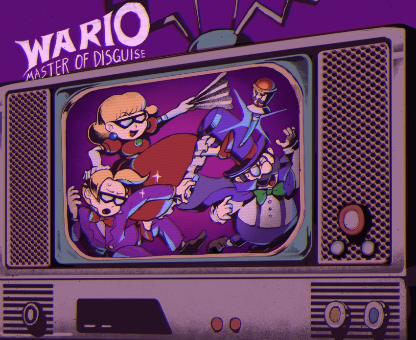 1girl, 2boys, blonde_hair, bow, bowtie, cape, carpaccio_(wario:_master_of_disguise), count_cannoli