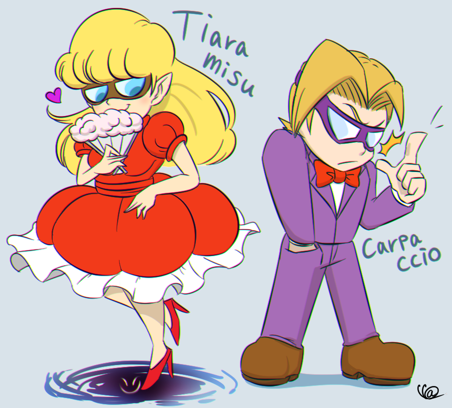 1boy, 1girl, blonde_hair, bow, bowtie, brown_footwear, carpaccio_(wario:_master_of_disguise), dress