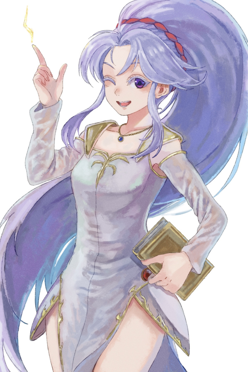 1girl, ;d, book, cowboy_shot, detached_sleeves, dress, electricity, fire_emblem