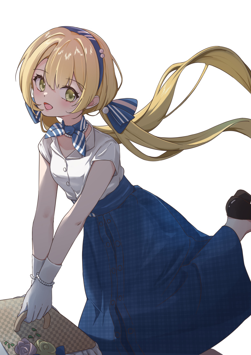 1girl, :d, absurdres, basket, black_footwear, blonde_hair, blue_bow, blue_hairband